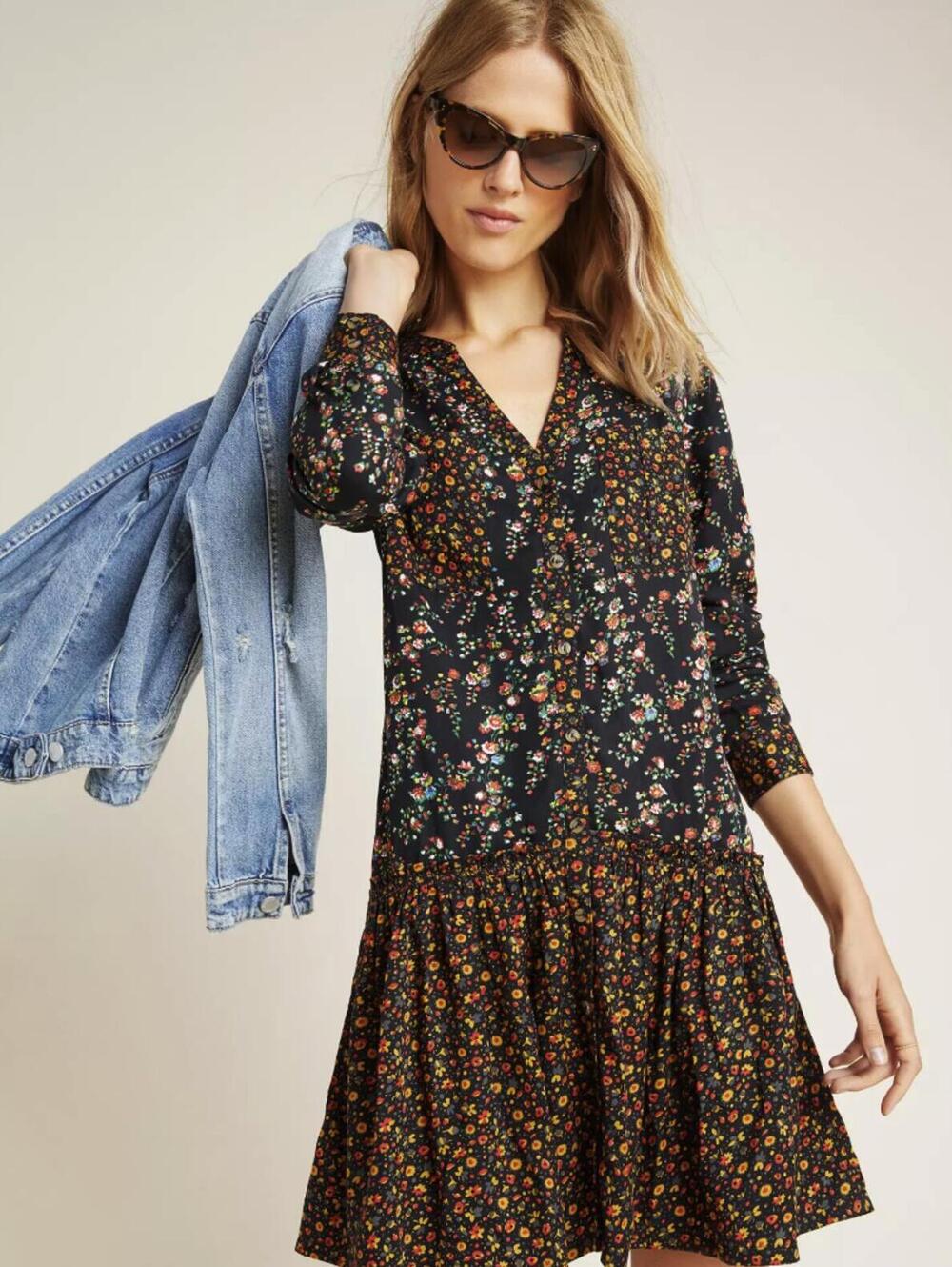 Maeve by Anthropologie Black Floral Marlie Button-Front Tunic Dress - Size - 8